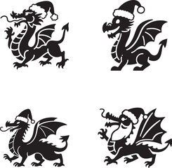 Christmas Dragon Silhouettes with Santa Hats and Wings Holiday Fantasy Clipart Vector Graphics Crafts and Digital Art