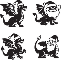 Christmas Dragon Silhouettes with Santa Hats and Wings Holiday Fantasy Clipart Vector Graphics Crafts and Digital Art