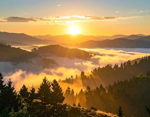 Obraz premium A peaceful sunrise over mist-covered mountains, symbolizing calmness and new beginnings. Perfect for travel websites, nature blogs, or inspirational designs.