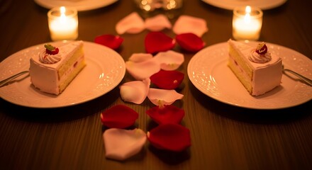 Cake Slices on Plates with Rose Petals and Candles