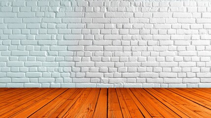 Fototapeta premium White brick walls and wood floor define empty room room interior features textured white brick and smooth wood