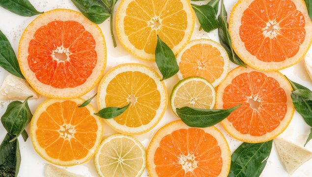 Flat lay arrangement featuring fresh citrus slices, showcasing healthy vitamin-rich fruits for a refreshing summer backdrop