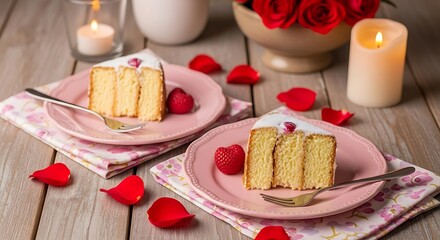 Cake Slices with Berries on Plates Roses and Candlelight