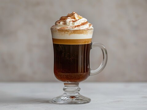 Irish coffee in a clear glass mug with whipped cream and dusting on a plain surface