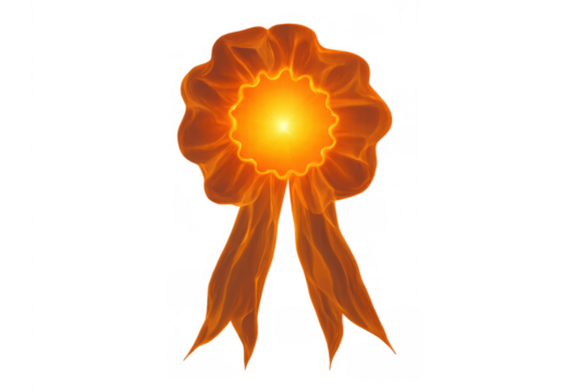 Fiery award ribbon creating a blazing achievement symbol with a glowing center, showing success and excellence, transparent background
