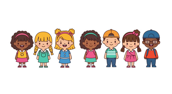 Diverse group of cheerful children representing unity and friendship in childhood cartoon