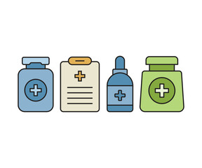 medicine bottle and medical clipboard icon vector illustration