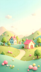 Naklejka premium A whimsical illustration of a charming village nestled amidst rolling green hills and pastel-colored houses.