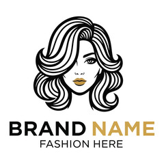 Elegant fashion logo design featuring a woman with wavy hair isolated on white background