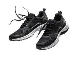 Modern running shoes in mid-air with untied laces isolated on transparent background