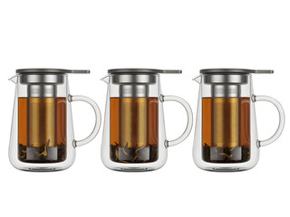 Three identical double-wall glass teapots with stainless steel infusers filled with brewed loose leaf tea isolated on transparent background