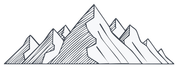 Hand drawn illustration of mountain range peaks, monochrome design, vector.