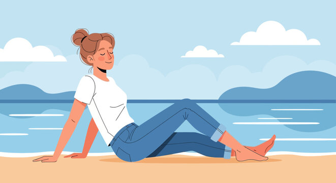 Serene relaxation at the beach: Woman enjoying tranquility and summer vibes alone