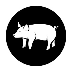 black and white illustration of a pig with background circle