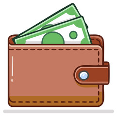 Wallet icon with cash banknotes. Illustration of money and finances concept.