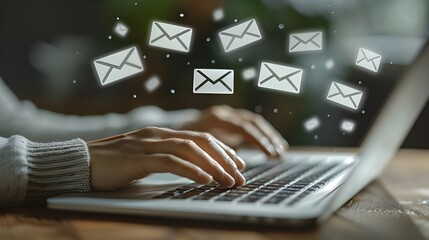 Floating email icons around typing hands representing message communication and data exchange in online environment.

