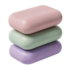 Three stacked pastel soap bars featuring pink, green, and purple colors for bath and body products isolated on transparent background
