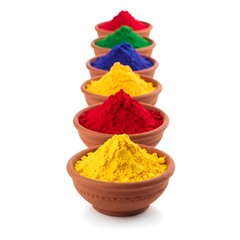 Vibrant colorful Holi powder in clay pots aligned