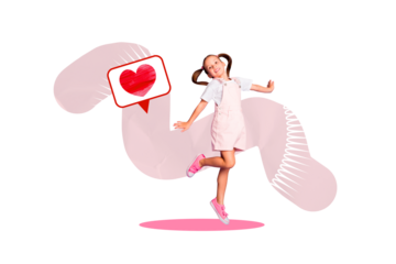 Creative collage picture young kid girl dance love heart notification social media valentine day sympathy positive mood drawing background