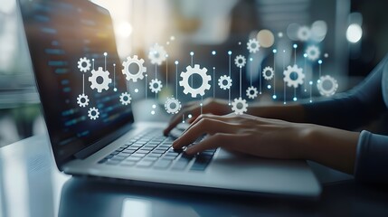 Hands typing on laptop with floating gear icons symbolizing digital optimization, automation, and system process concept.