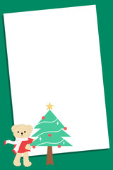 Cute Teddy Bear with Christmas Tree Vertical Frame, Winter Holiday card background