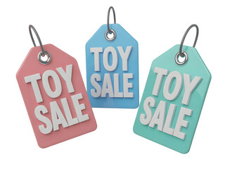 Three vibrant 3D price tags displaying the text TOY SALE in pink, blue, and teal isolated on transparent background