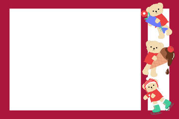 Cute Teddy Bears Side Border Horizontal Frame, Festive Winter Activities Stationery, red background