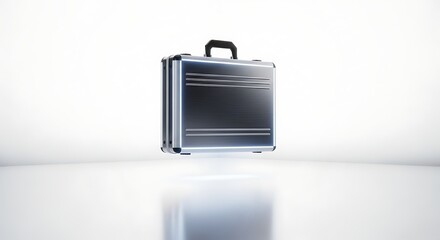 Modern Silver Briefcase Illuminated on Reflective White Surface Background
