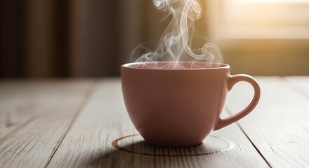 Warm Coffee Cup on Wooden Table with Delicate Steam: Simple Morning Indulgence