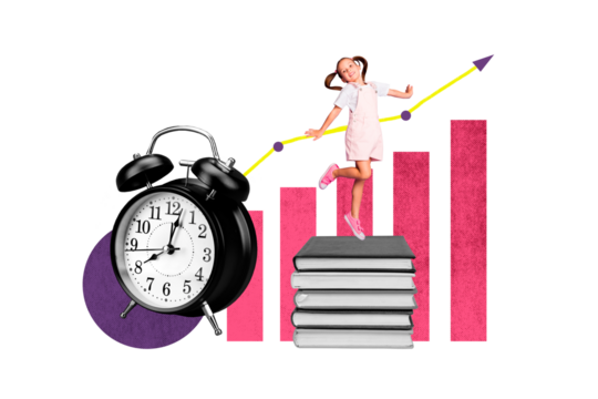 Composite trend artwork 3D sketch image photo collage of school age girl stand pile book stats clock time deadline education arrow up