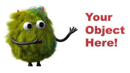 Fluffy, cute monster presents a space for 