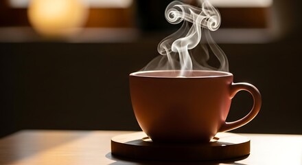 Steaming Coffee Cup on Wooden Table: Warm Drink with Gentle Light and Relaxing Aroma