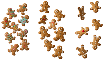 gingerbread men cookies falling PNG. Cute, smiling Christmas holiday treats with colorful icing, perfect for baking and celebration concepts isolated. Sweet gingerbread men cookies in motion PNG