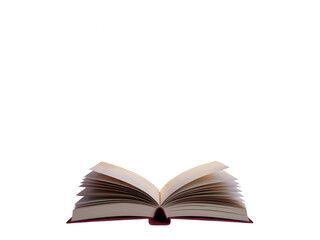 Traditional open hardback book with a red cover and fanned pages, representing education and literature isolated on transparent background