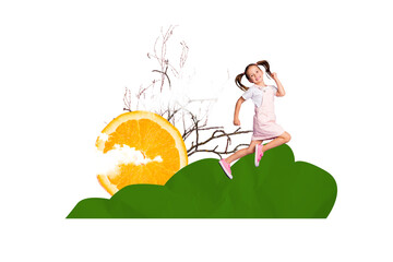 Composite collage picture image of little girl run clouds orange sun isolated on creative background