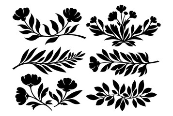 Collection of decorative floral silhouettes with flowers, leaves, and branches