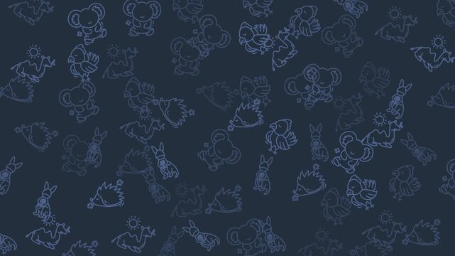 Adorable Cartoon Animal Illustration Pattern with Koalas Hedgehogs Camels Birds and Rabbits Dark Blue Background