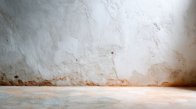Textured image presents close up of rustic aged white stucco or plaster wall with patches of brown water damage and staining near