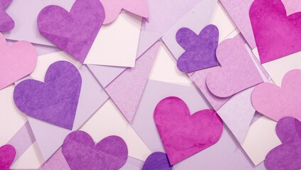 Fototapeta premium Geometric paper backdrop adorned with hearts in trendy purple and pink tones, suitable for festive and celebratory designs