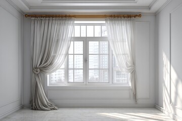 Fototapeta premium Elegant interior space features sheer drapery framing a large, divided window overlooking city buildings