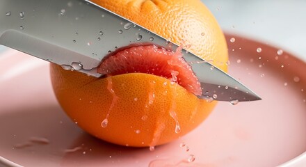 Cutting Grapefruit on Pink Plate with Sharp Knife, Fresh Citrus Fruit Preparation, Slicing Fruit, Water Droplets, Modern Food Still Life