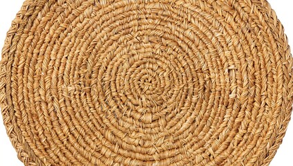 Fototapeta premium Overhead shot of a woven straw dish featuring detailed patterns, made from organic materials, perfect for adding a natural and rustic touch to dining or interior decoration.