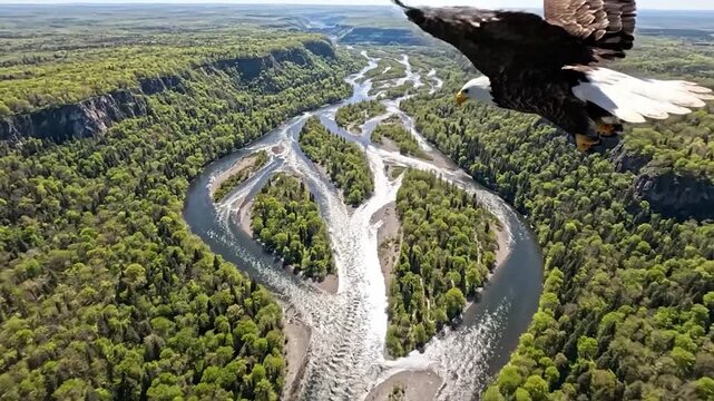 Majestic Eagle Soars Over Lush Forest and Winding River Delta.