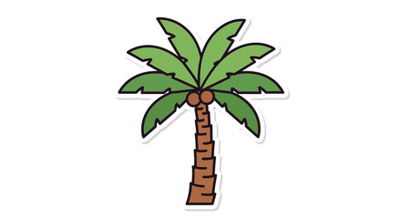 Stylized single cartoon palm tree sticker with green leaves and coconuts isolated on white © since 1