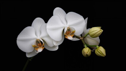 Obraz premium Blooming White Orchid Flowers and Buds on Dark Backdrop, suitable for editorial header background