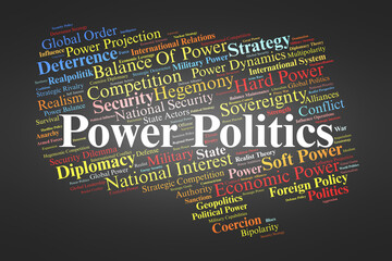 Power Politics Word Cloud. Composition Of Terms Related To Realism, National Interests, Security, Military Power, Coercion, And Global Political Strategy In International Relations.