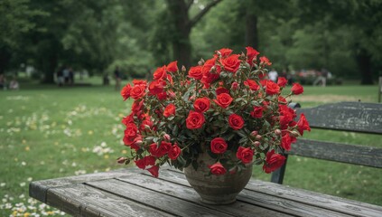 Red roses bouquet displayed outdoors