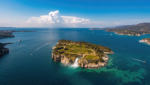 Aerial perspective of Lower Duden waterfall, water flowing into the Mediterranean Sea, highlighting erosion risk