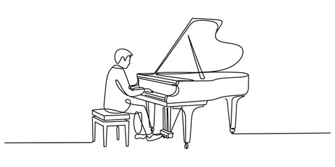 Continuous line drawing of a person playing a grand piano on a stool vector © Bilas