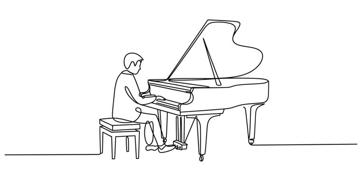 Continuous line drawing of a person playing a grand piano on a stool vector